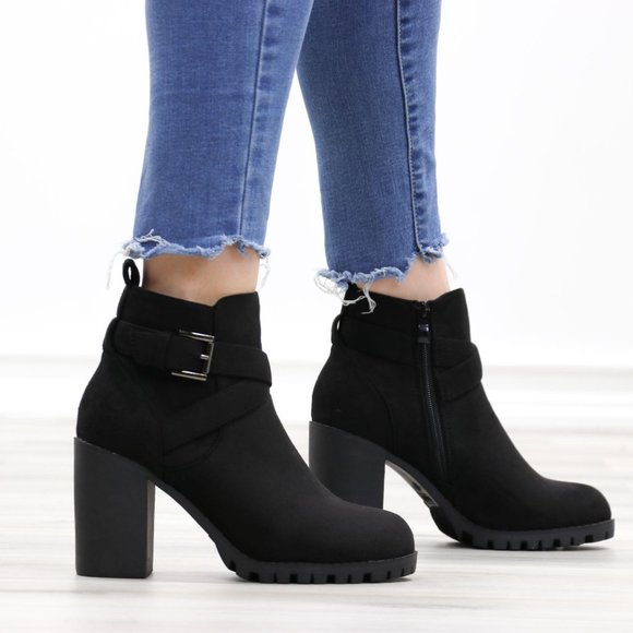 Faux Suede Black Lug Sole Ankle Boots - Picture 6 of 14